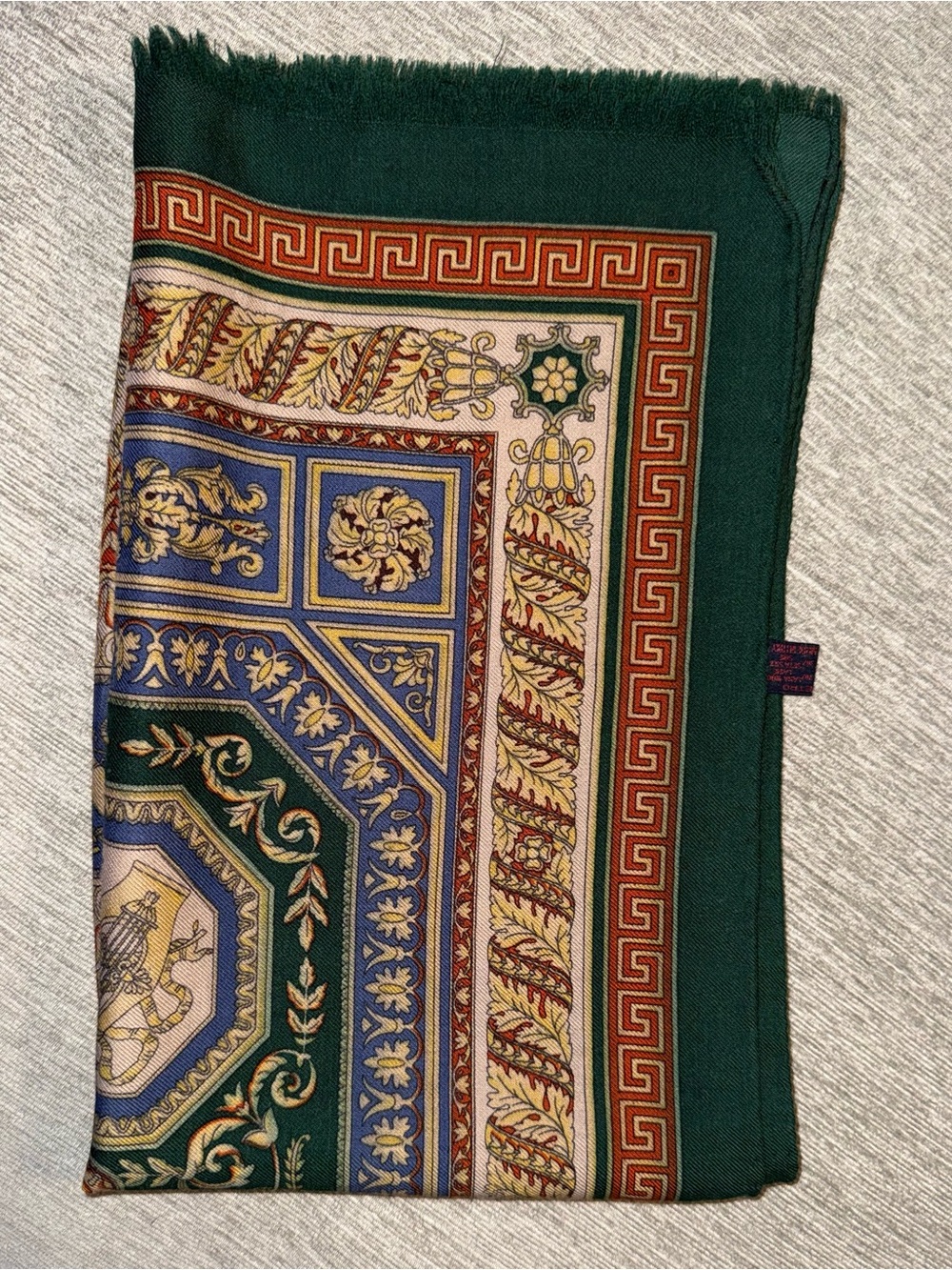 Vintage ETRO Italy Wool Silk Scarf stole Green Gold Baroque Greek Key 54Lx16W